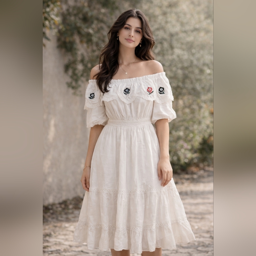 Love By Chelsey White Boho Off The Shoulder Midi Dress 1X Embroidered Lace Trim